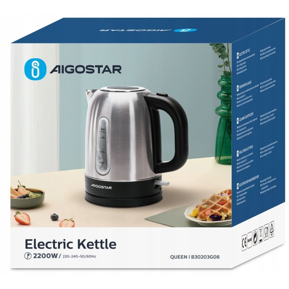 Ηλεκτρικός Βραστήρας 1,7L 2200W Ανοξείδωτος Aigostar Queen - Image 2
