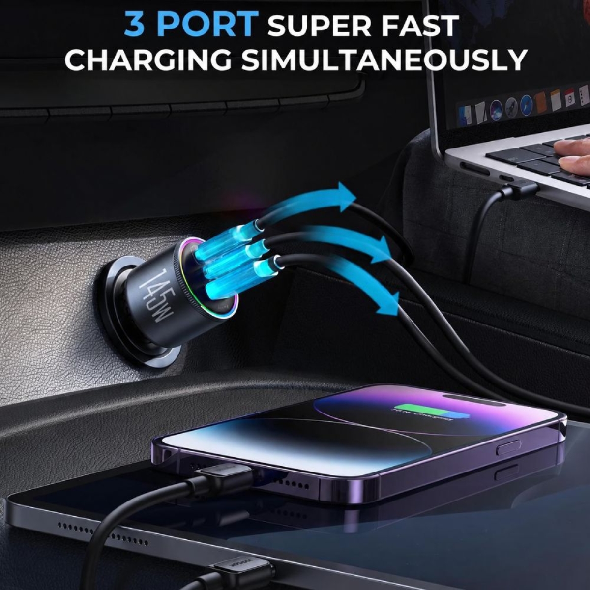Joyroom Φορτιστής Αυτοκινήτου 145W 5A με Θύρες: 1xUSB-A 2xType-C μαζί με Καλώδιο Type-C Γκρι Χρώμα