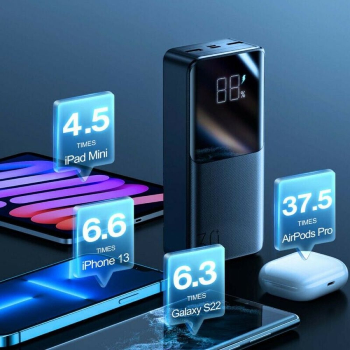 JOYROOM JR-QP193 Power Bank 30.000mAh 22.5W με 2 Θύρες USB-A και Θύρα USB-C Μαύρο