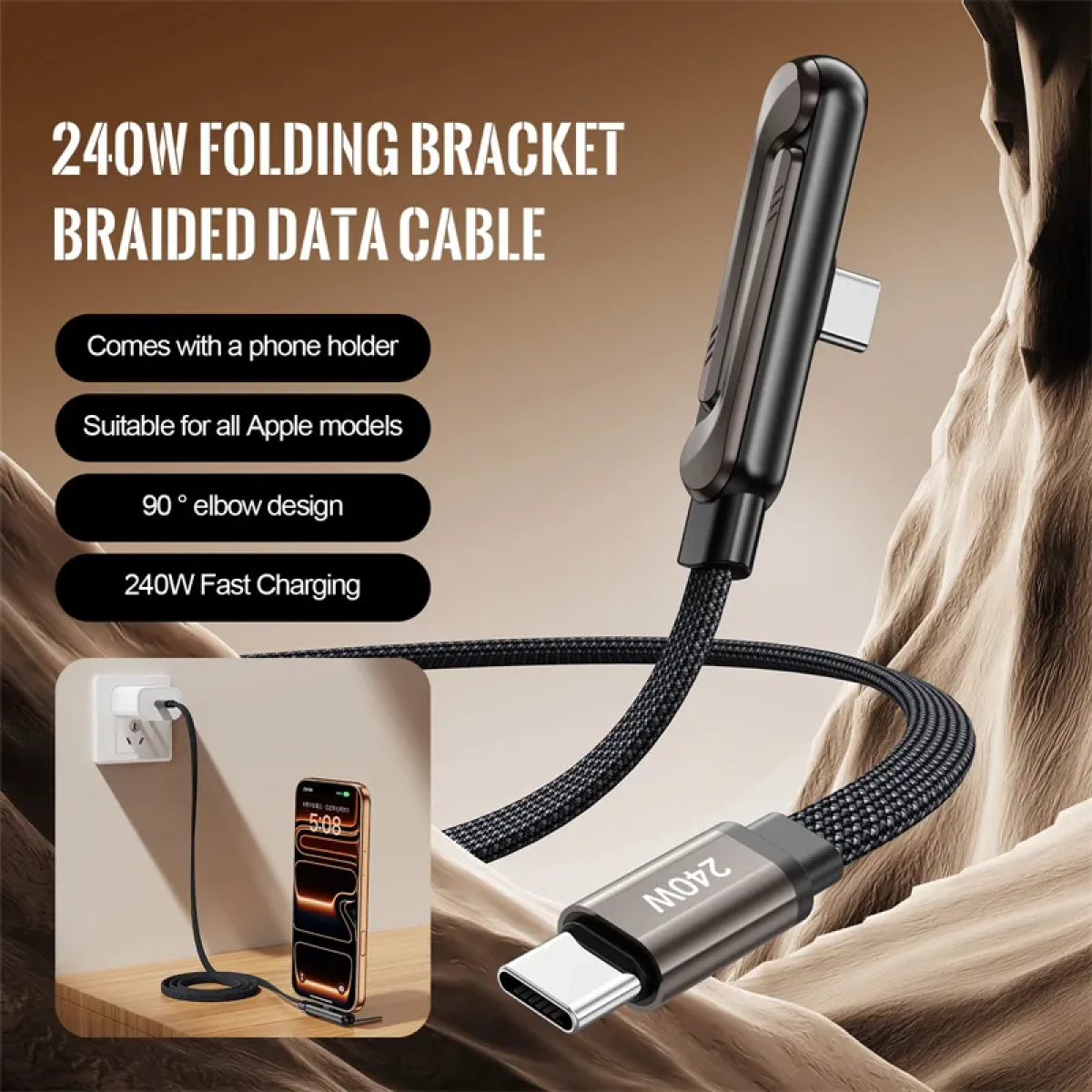 Καλώδιο USB-C σε USB-C 240W 2 σε 1 με Πτυσσόμενη Βάση Στήριξης & Data Transfer Μαύρο – CM-12 - Image 5