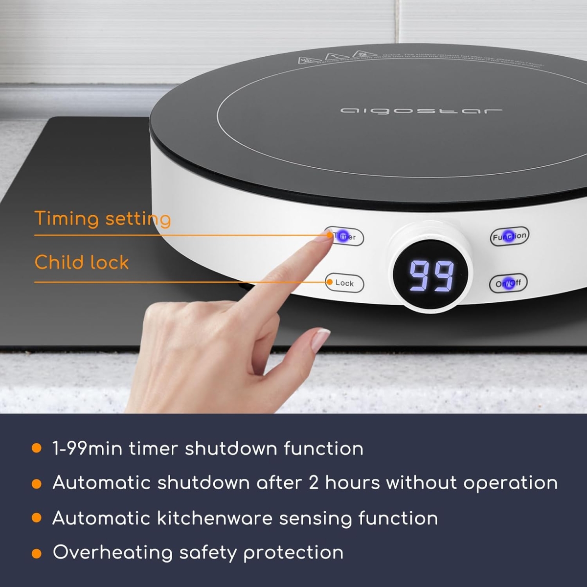 Κυκλική Επαγωγική Εστία 2000W με Touch Control & 9 Επίπεδα Ισχύος Aigostar - Image 8