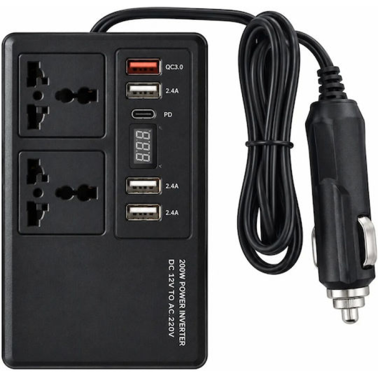 Μετατροπέας Ρεύματος Αυτοκινήτου 12V σε 220V 200W με USB, Type-C & 2 Πρίζες 39980