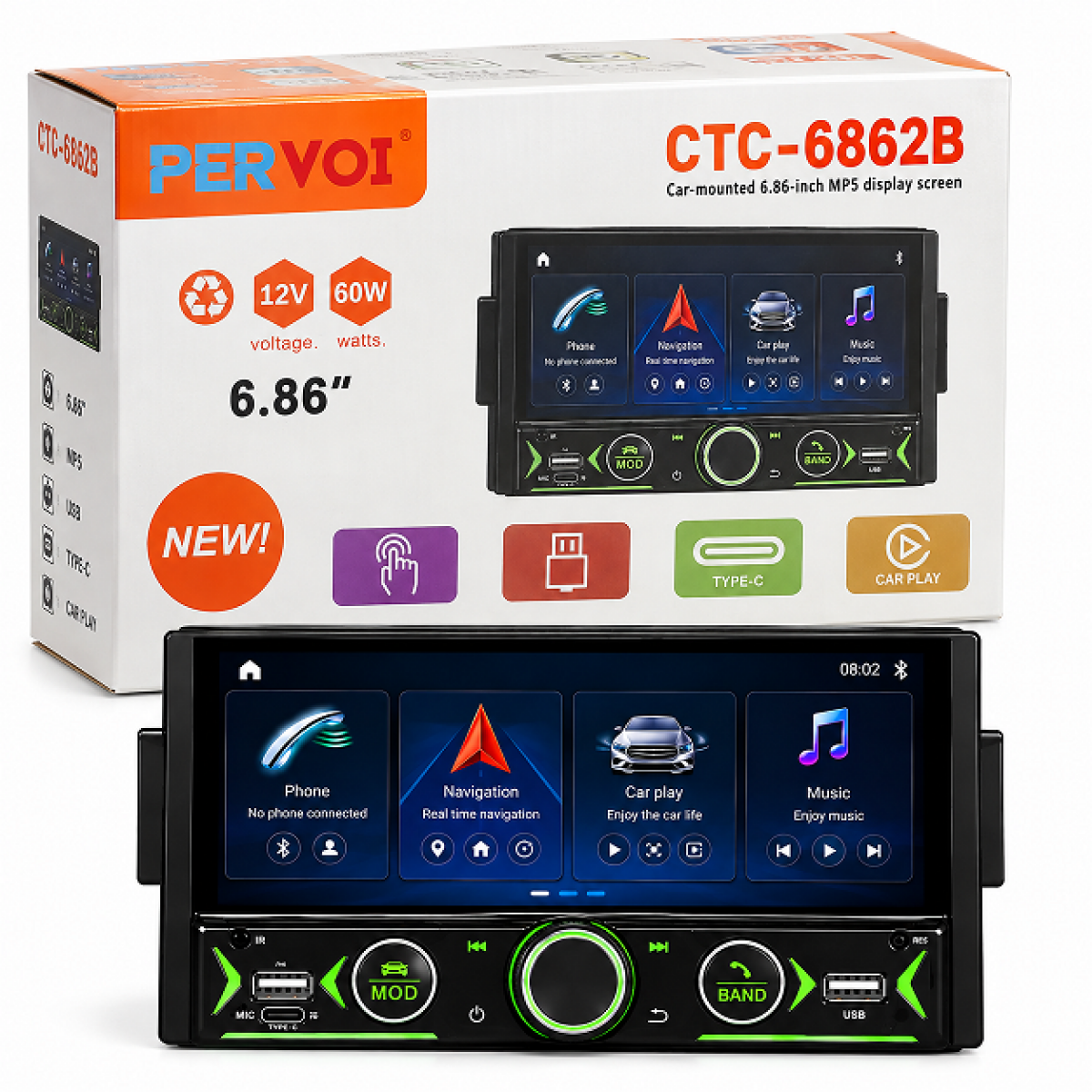 Οθόνη Αυτοκινήτου 6.86" MP5 με Touch Screen, CarPlay, USB & 12V 60W – Pervoi CTC-6862B - Image 2