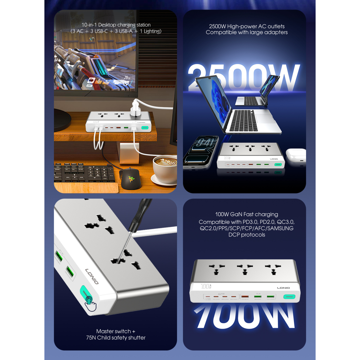 Πολύπριζο 10 σε 1 GaN με 3 Πρίζες, 6 USB, Lightning & Fast Charging 100W Ldnio SC3 - Image 8