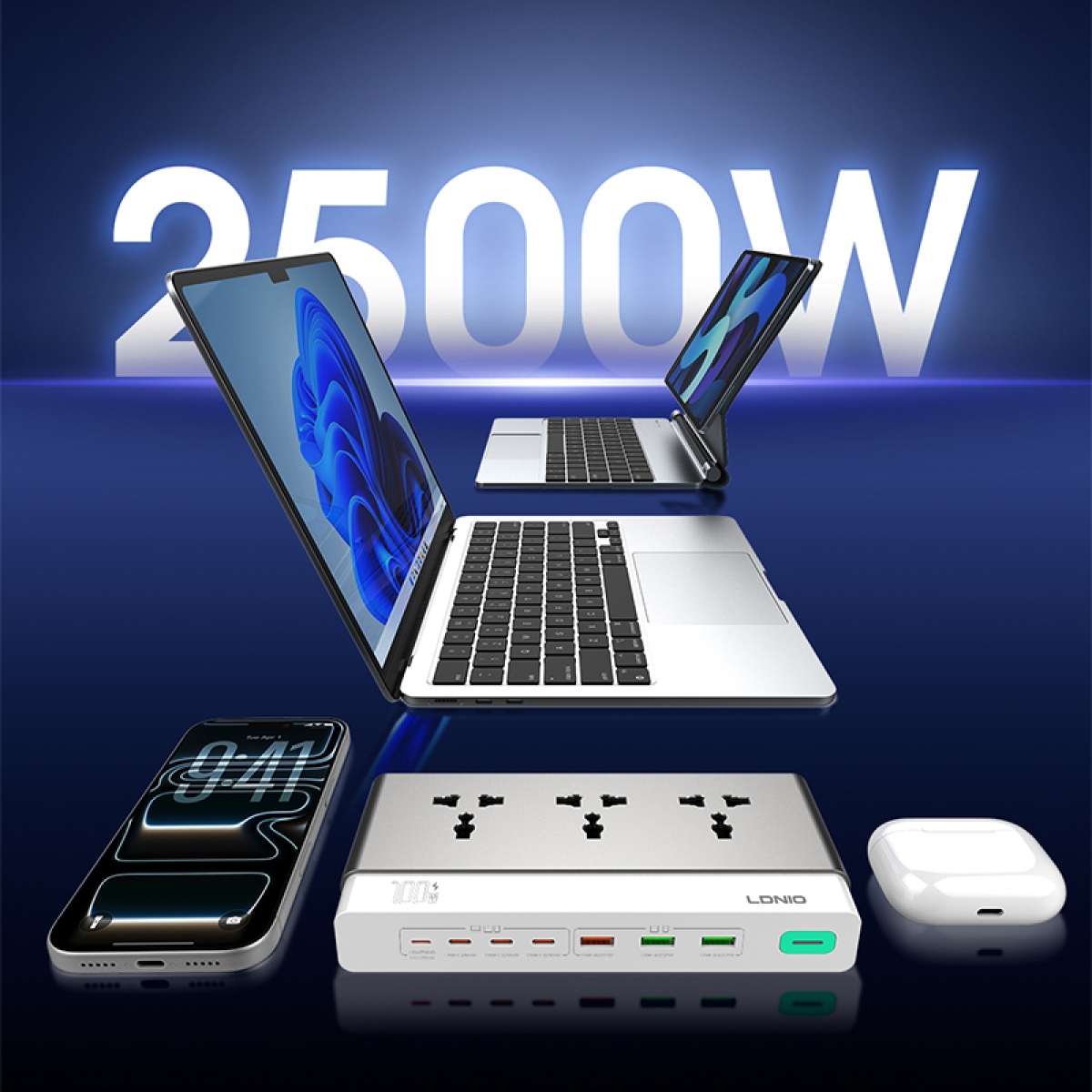 Πολύπριζο 10 σε 1 GaN με 3 Πρίζες, 6 USB, Lightning & Fast Charging 100W Ldnio SC3 - Image 7