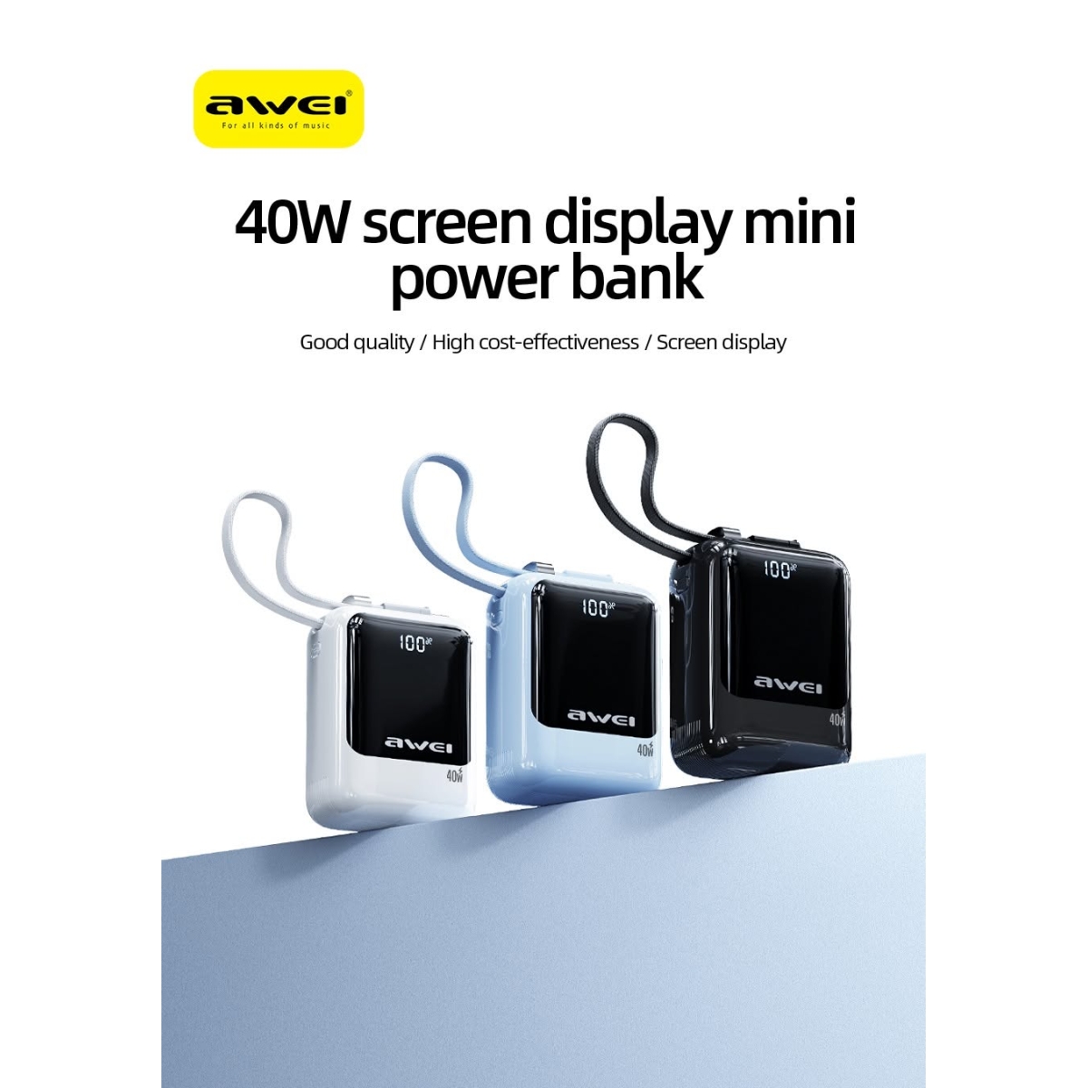 Power Bank 10000mAh 40W PD Fast Charging με Ενσωματωμένο Καλώδιο USB-C Awei 01PD - Image 2