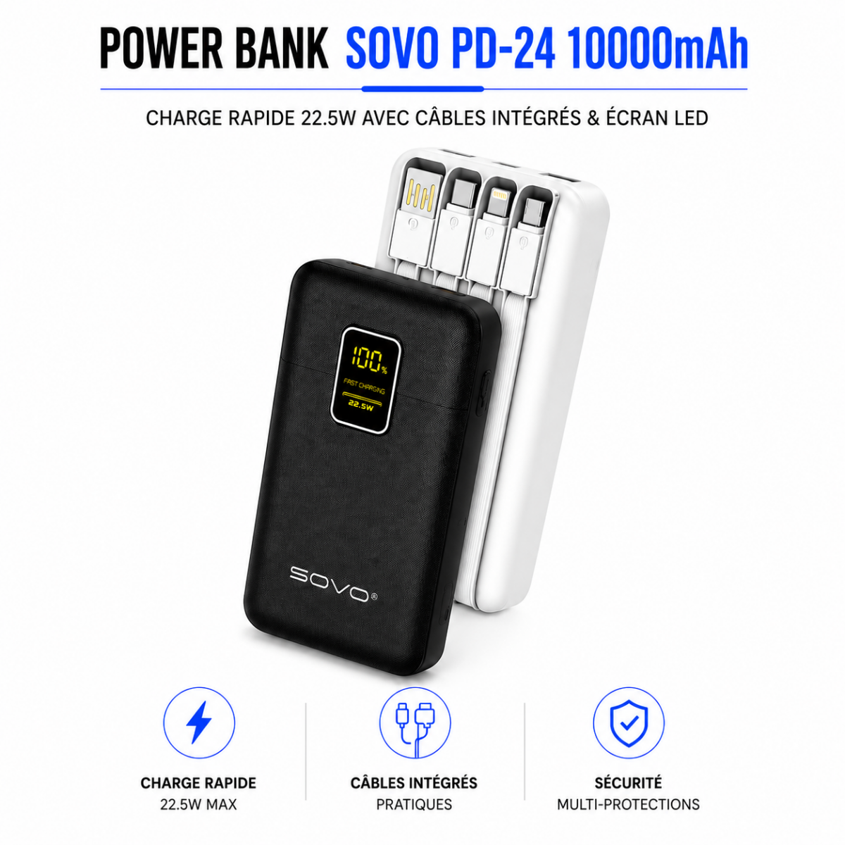 Power Bank 10000mAh με Ενσωματωμένα Καλώδια, LED Οθόνη & Fast Charging 22.5W SOVO PD24 - Image 2
