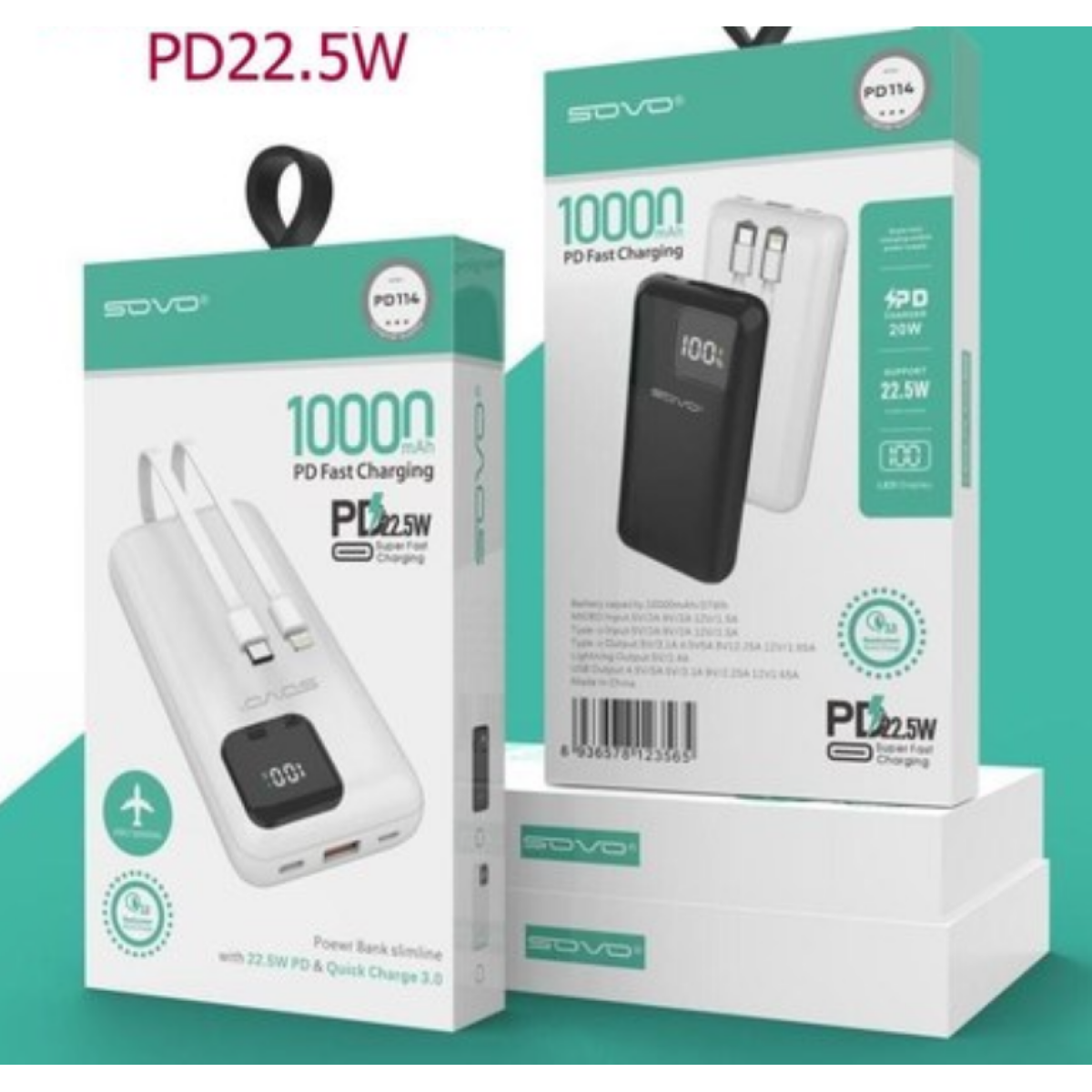 Power Bank 10000mAh με Ενσωματωμένα Καλώδια, LED Οθόνη & Fast Charging PD 22.5W SOVO PD114