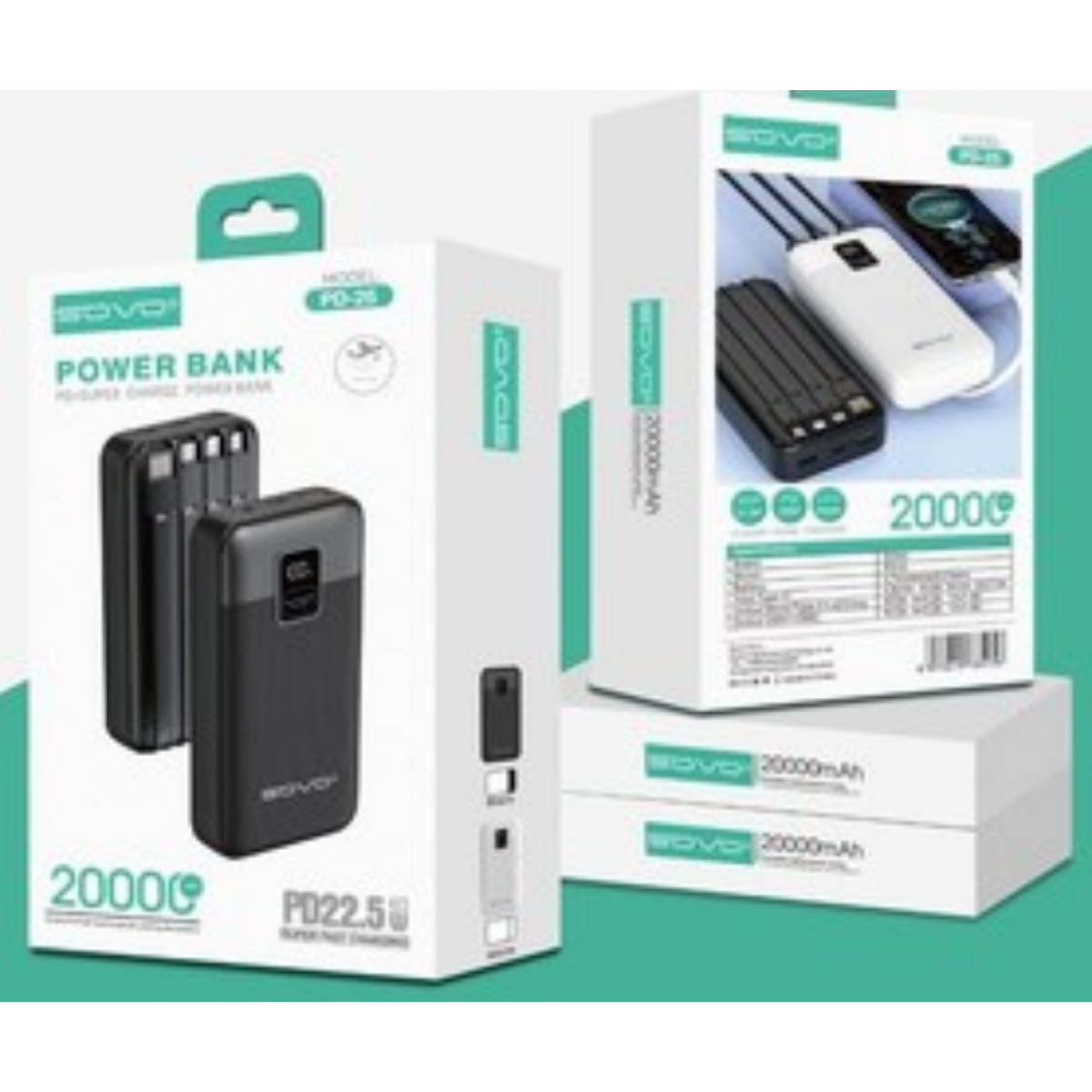 Power Bank 20000mAh με Ενσωματωμένα Καλώδια & Fast Charging PD 22.5W SOVO PD25