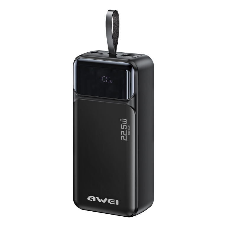 Power Bank 30.000mAh με Fast Charge 22.5W, 2× USB-C, 2× USB-A & Ψηφιακή Οθόνη Μαύρο – AWEI PA-103