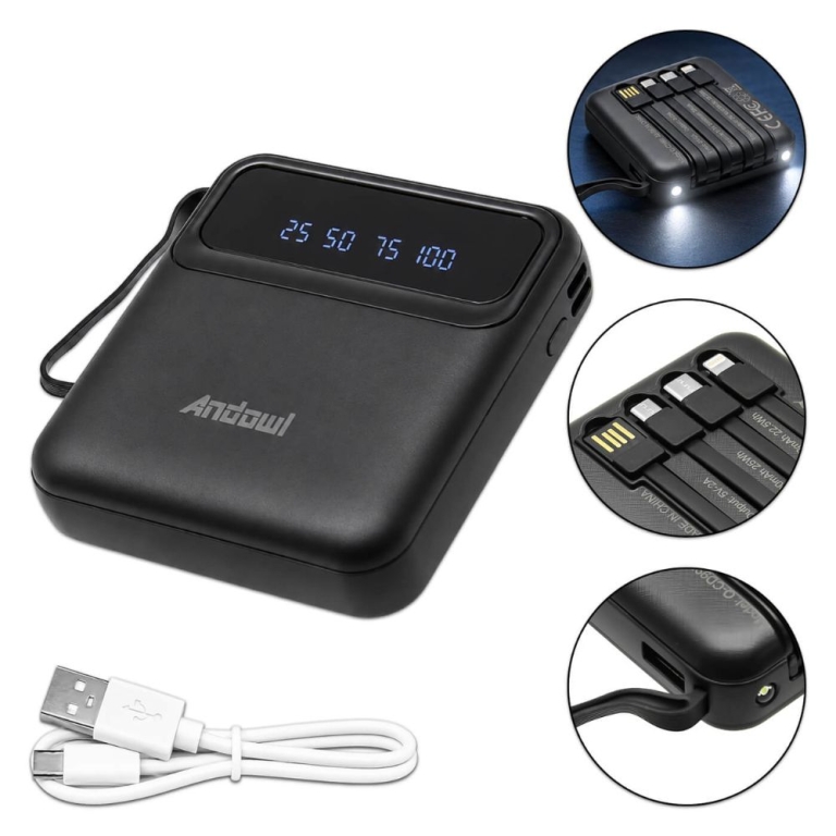 Power Bank 6800mAh 10W με Θύρες USB-A/Micro USB/Type-C, Ενσωματωμένα Καλώδια USB-A/Type-C/Micro USB/Lightning, Οθόνη LED και Φακό Μαύρο Q-CD997 Andowl