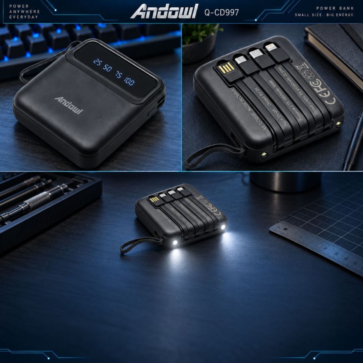 Power Bank 6800mAh 10W με Θύρες USB-A/Micro USB/Type-C, Ενσωματωμένα Καλώδια USB-A/Type-C/Micro USB/Lightning, Οθόνη LED και Φακό Μαύρο Q-CD997 Andowl