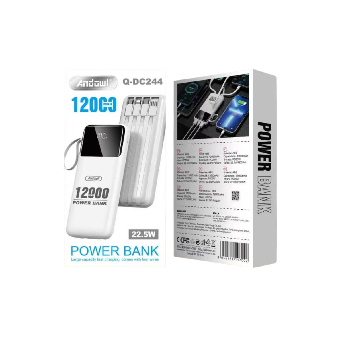 Power Bank Andowl Q-DC244 12000mAh 22.5W με 4 Καλώδια
