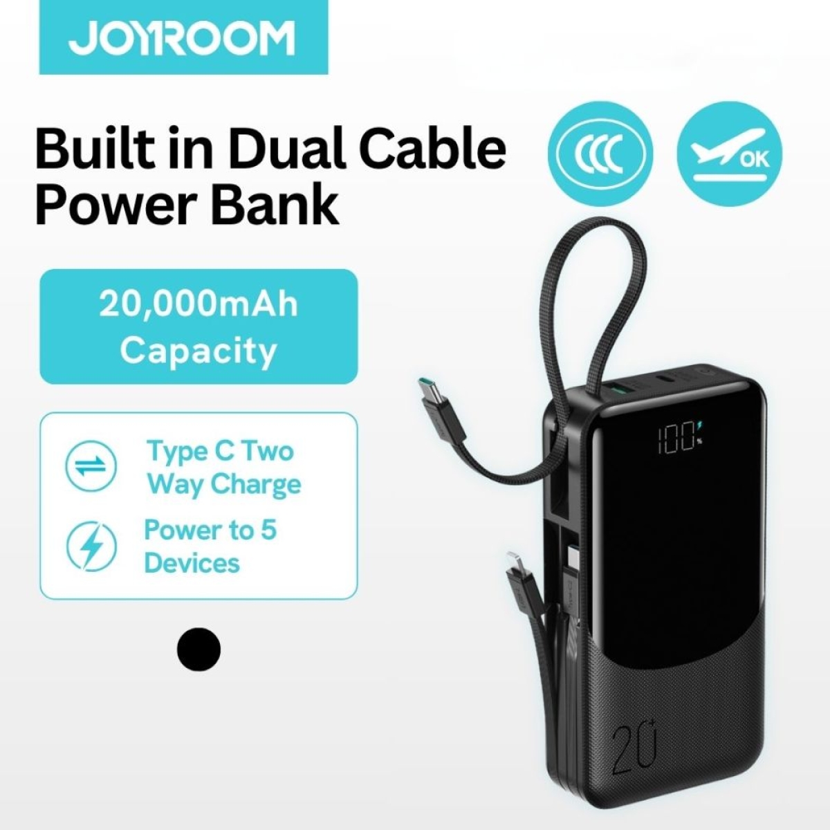 Power Bank Joyroom 20000mAh με 3 Ενσωματωμένα Καλώδια