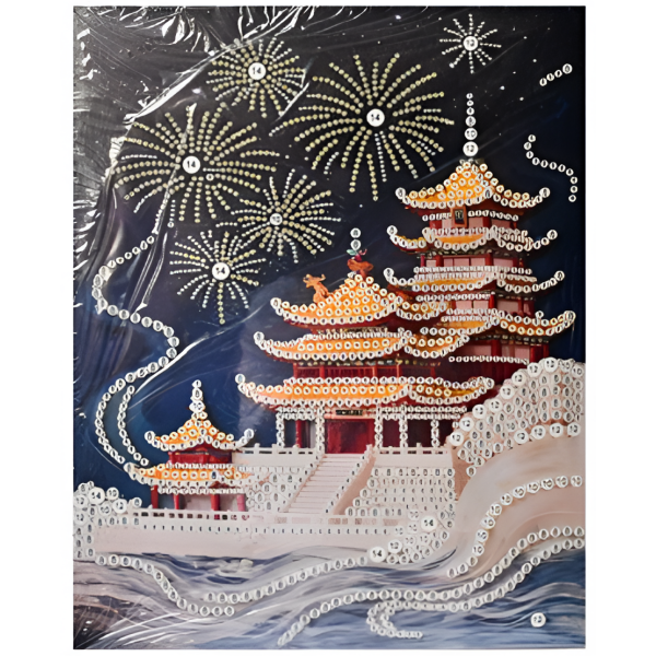 Ψηφιδωτό Diamond Painting 40x50cm με Στρας - Ιαπωνικός Ναός με Πυροτεχνήματα 88510