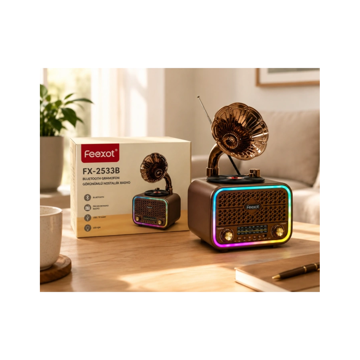 Retro Φορητό Ραδιόφωνο Επαναφορτιζόμενο με Bluetooth, USB, MicroSD & Ψηφιακό Ρολόι Καφέ – Feexot FX-2533B - Image 3