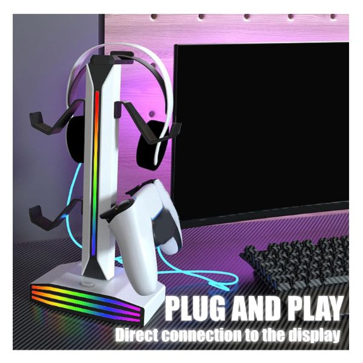 RGB Βάση Ακουστικών & Χειριστηρίων Gaming 2 σε 1 με 7 Λειτουργίες Φωτισμού & 2 USB MZ-8006 - Image 2