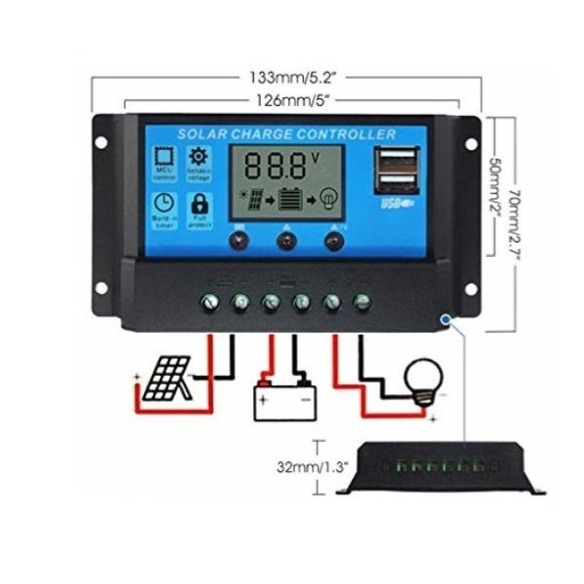 Ρυθμιστής Φόρτισης Ηλιακού Πάνελ PWM 10A 12V/24V με Dual USB 5V 2A FD4126 - Image 2