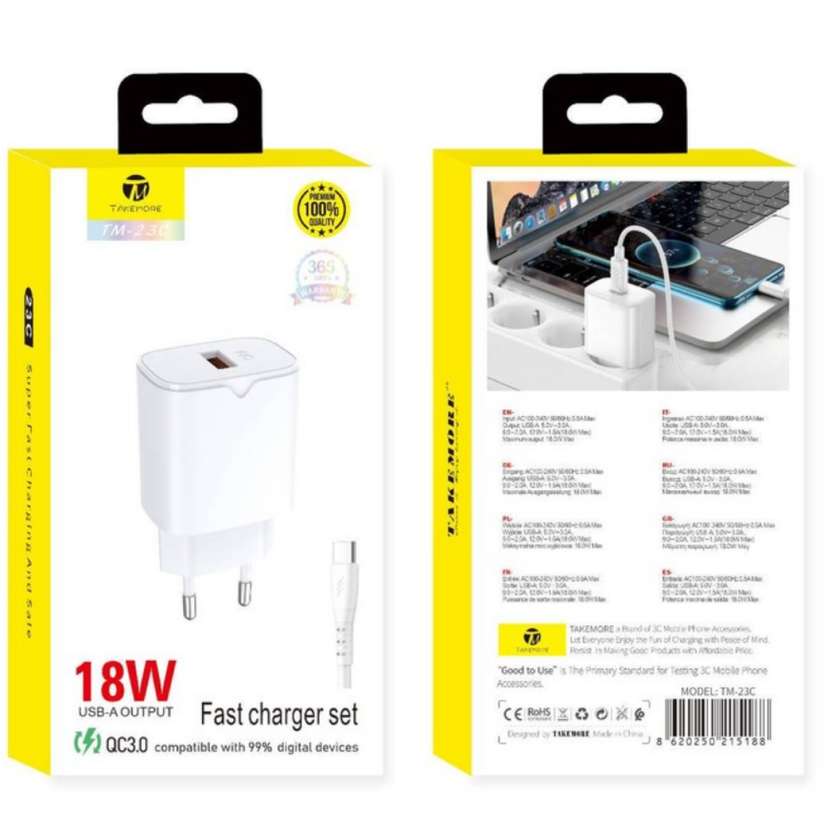 Σετ Ταχυφορτιστή 18W QC 3.0 με Καλώδιο USB-C Takemore TM-23C