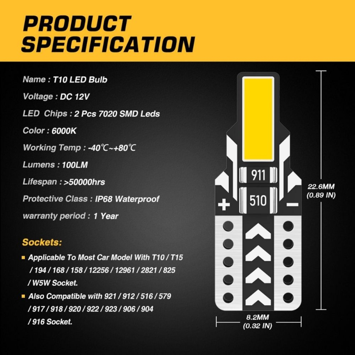 T10 LED 12V 2 SMD 7020 CANBUS 100LM 1W ψυχρό λευκό 6000K 2 τεμάχια A500 T10-4 NOVSIGHT