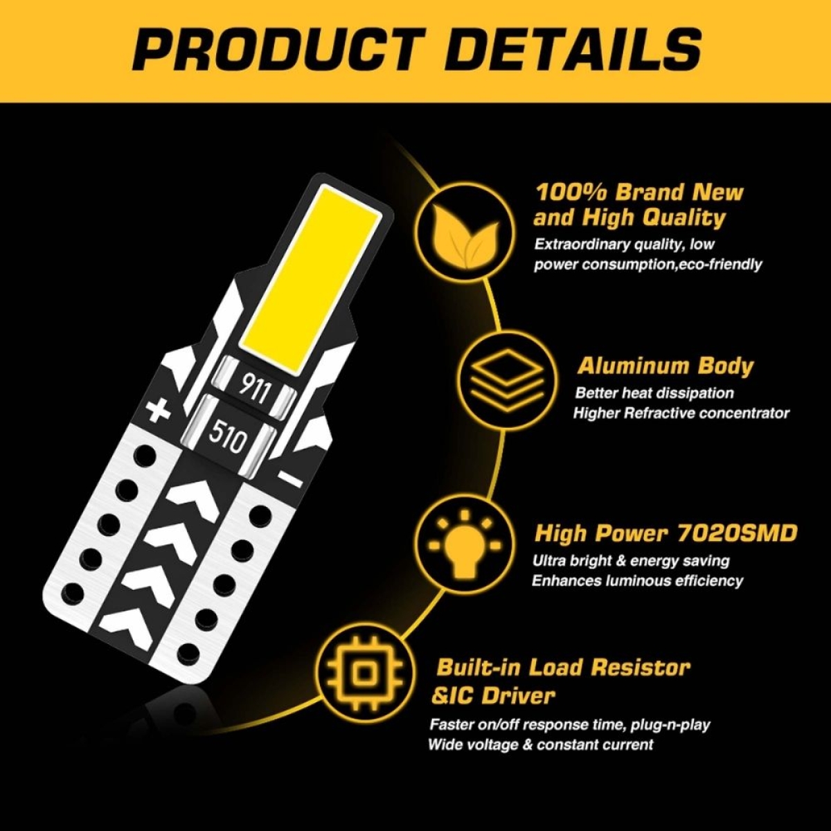 T10 LED 12V 2 SMD 7020 CANBUS 100LM 1W ψυχρό λευκό 6000K 2 τεμάχια A500 T10-4 NOVSIGHT