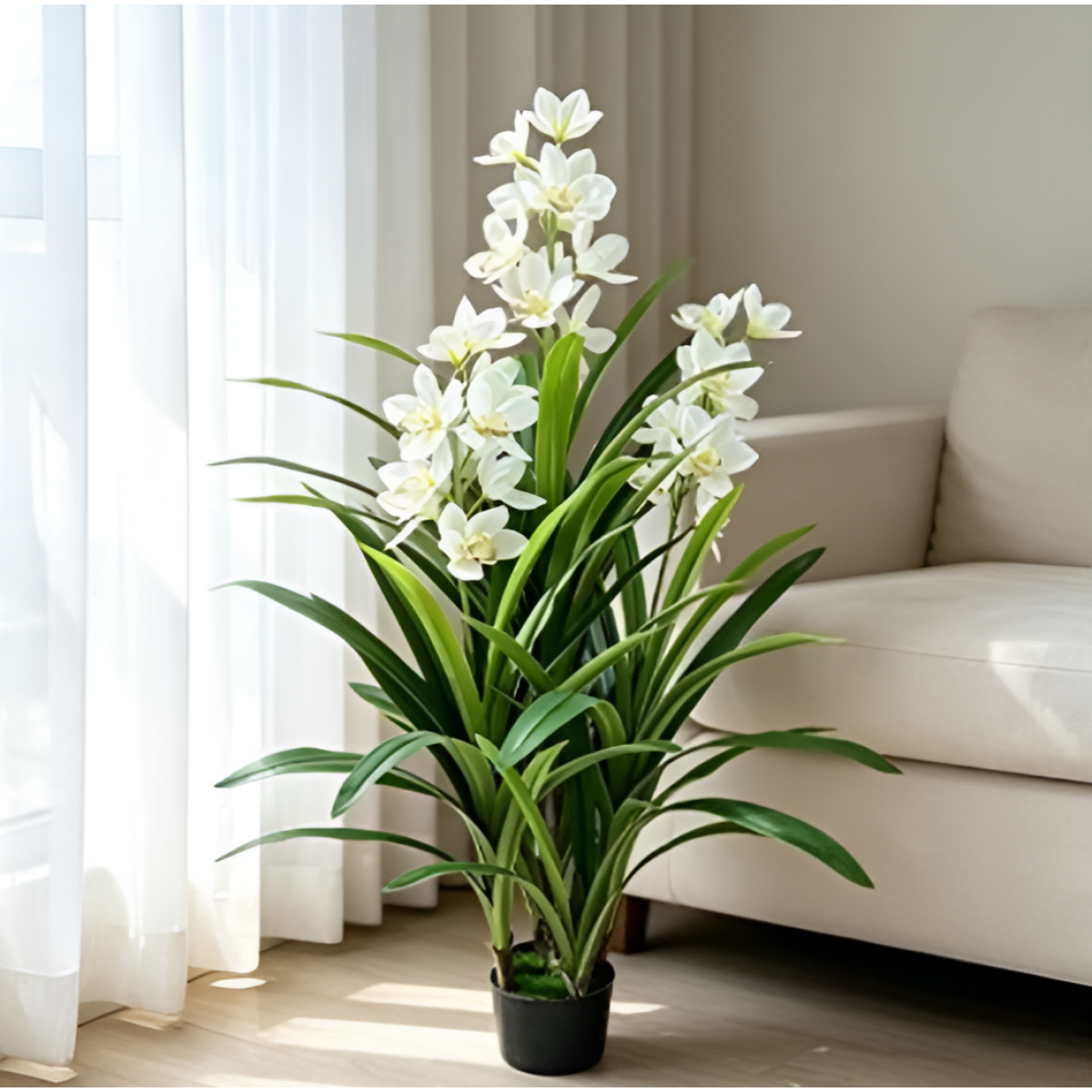 Τεχνητή Ορχιδέα Cymbidium με Λευκά Άνθη σε Γλάστρα 150cm SDS-29806