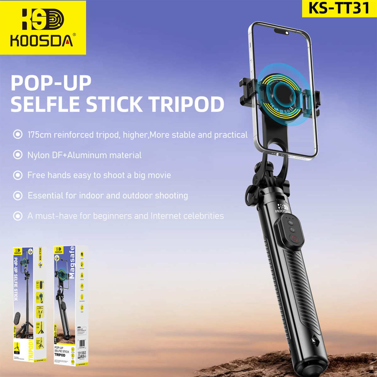 Τρίποδο Selfie Stick 2 σε 1 με MagSafe & Bluetooth Τηλεχειριστήριο Koosda KS-TT31 - Image 3