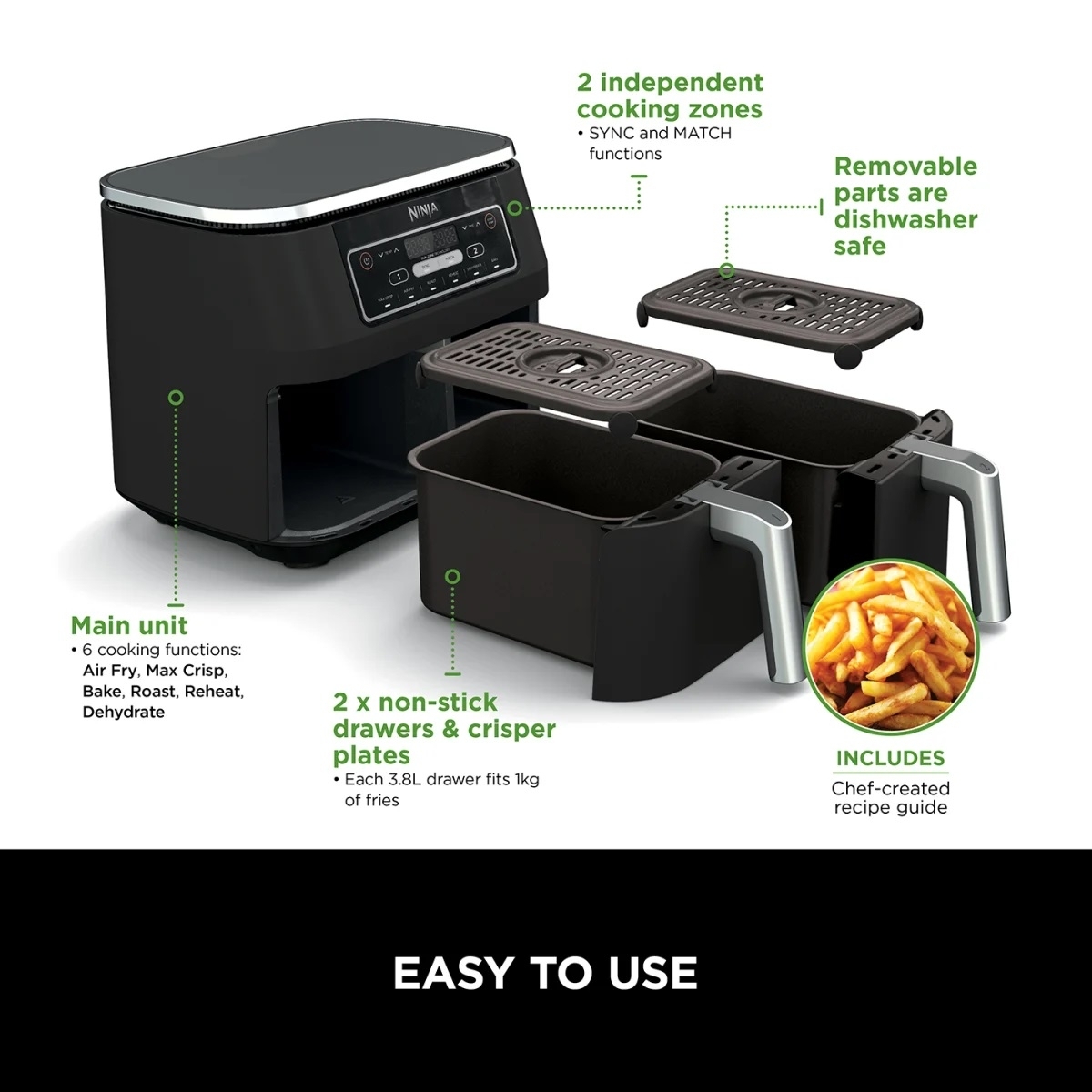 Ninja Φριτέζα Αέρος 7.6L Foodi Dual Zone AF300EU - Image 3