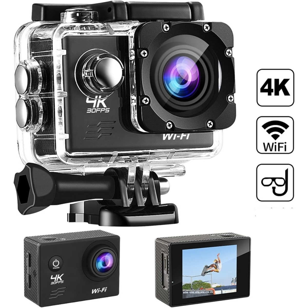 Action Camera 4K με WiFi, Φακό 170°, Οθόνη 2" και Αδιάβροχη Θήκη  AT-Q1 - Image 3