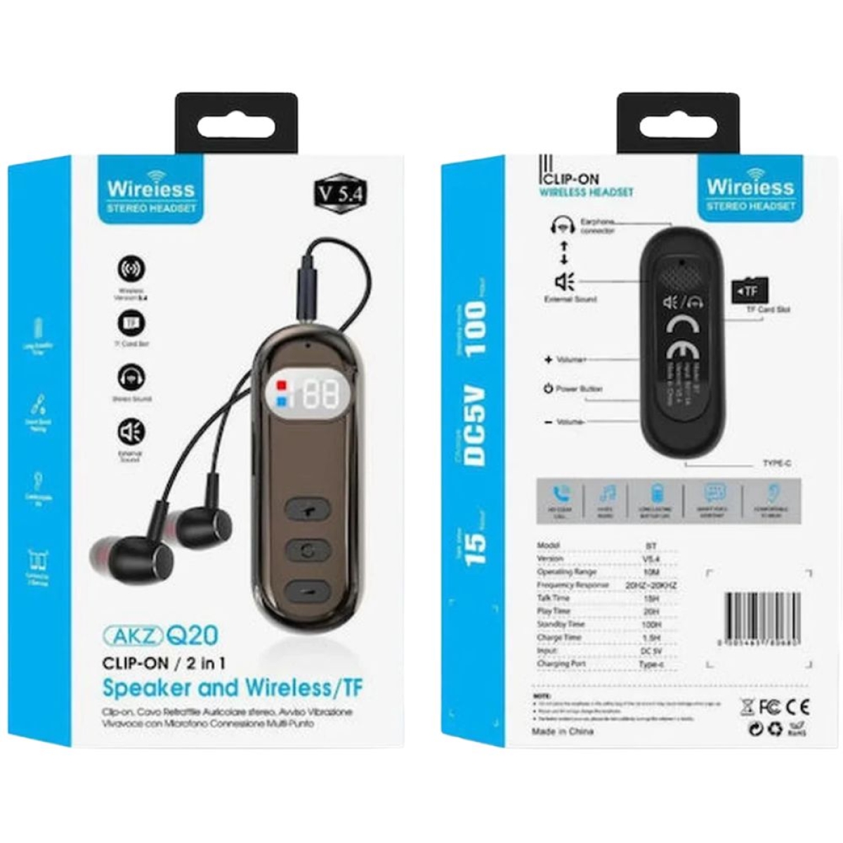 AKZ Q20 In-ear Bluetooth Handsfree Ακουστικά Ασημί Μαύρo
