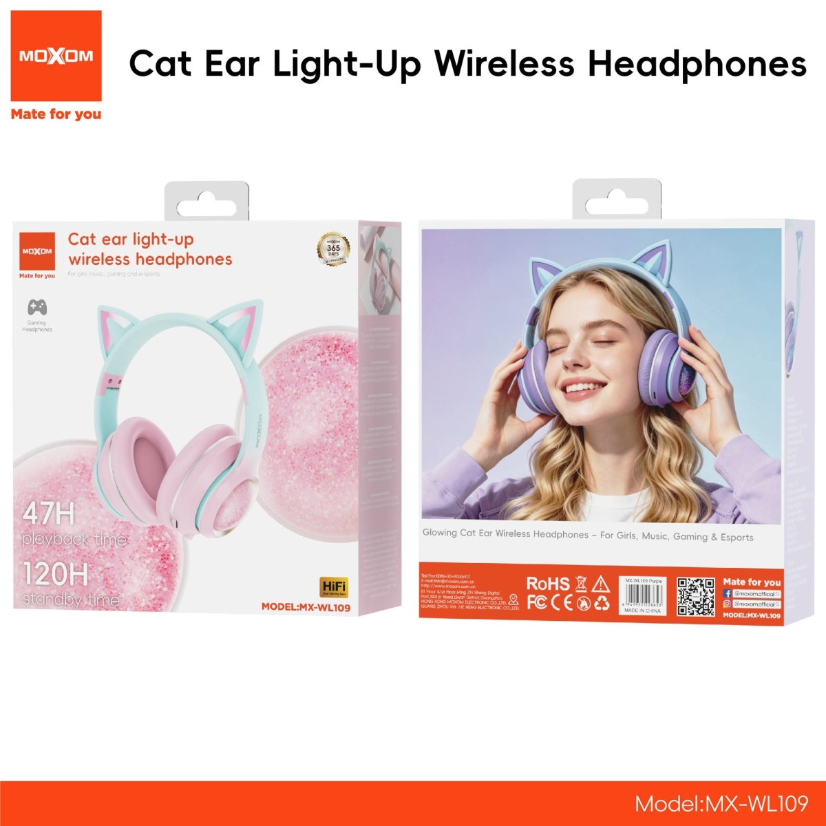 Ασύρματα Παιδικά Ακουστικά Bluetooth με Αυτάκια Γάτας LED Moxom MX-WL109 - Image 6
