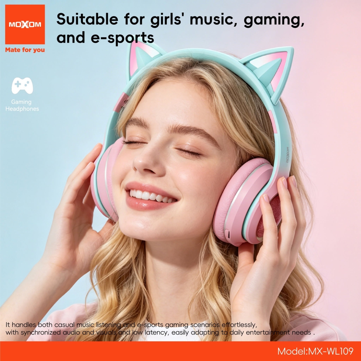 Ασύρματα Παιδικά Ακουστικά Bluetooth με Αυτάκια Γάτας LED Moxom MX-WL109 - Image 3