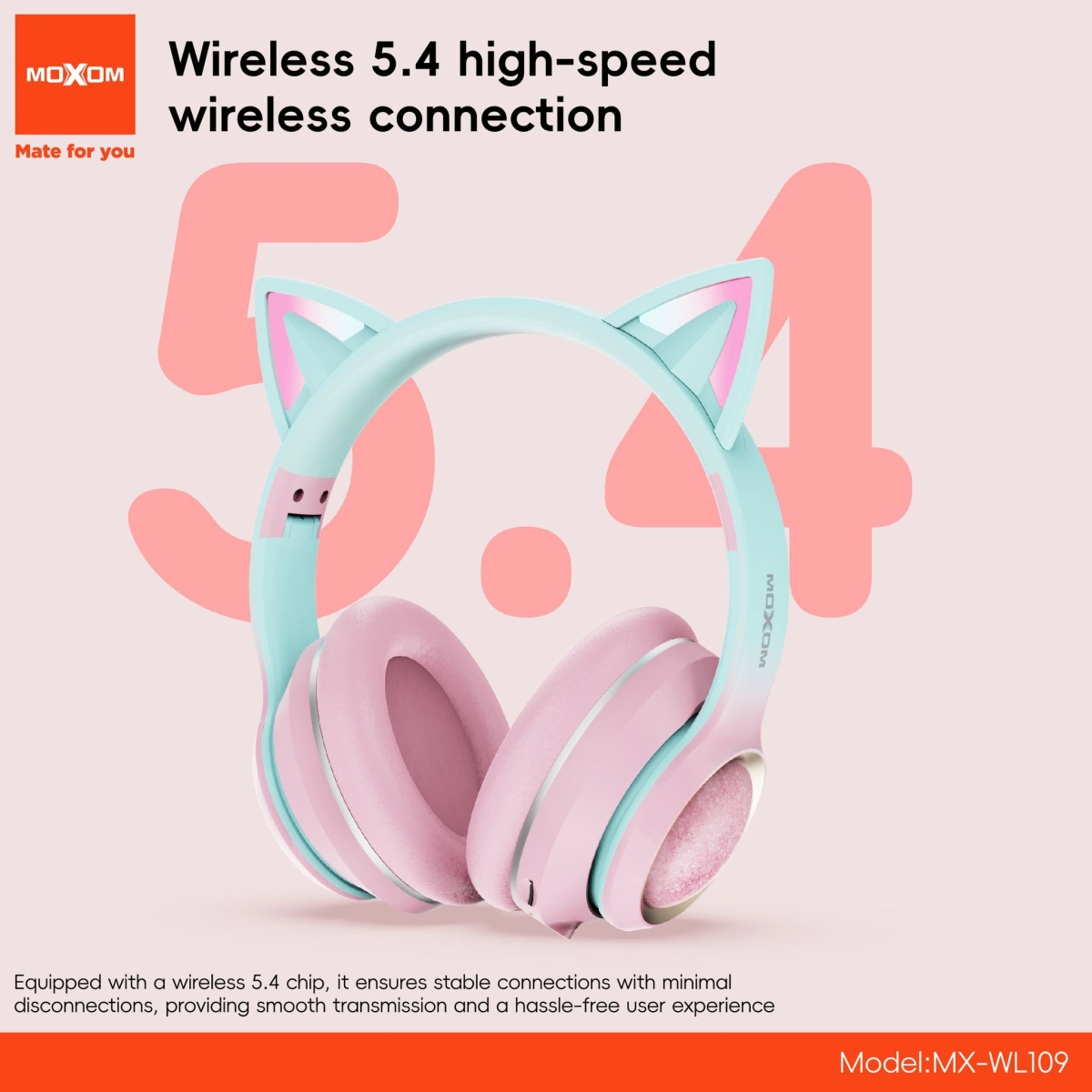 Ασύρματα Παιδικά Ακουστικά Bluetooth με Αυτάκια Γάτας LED Moxom MX-WL109 - Image 7