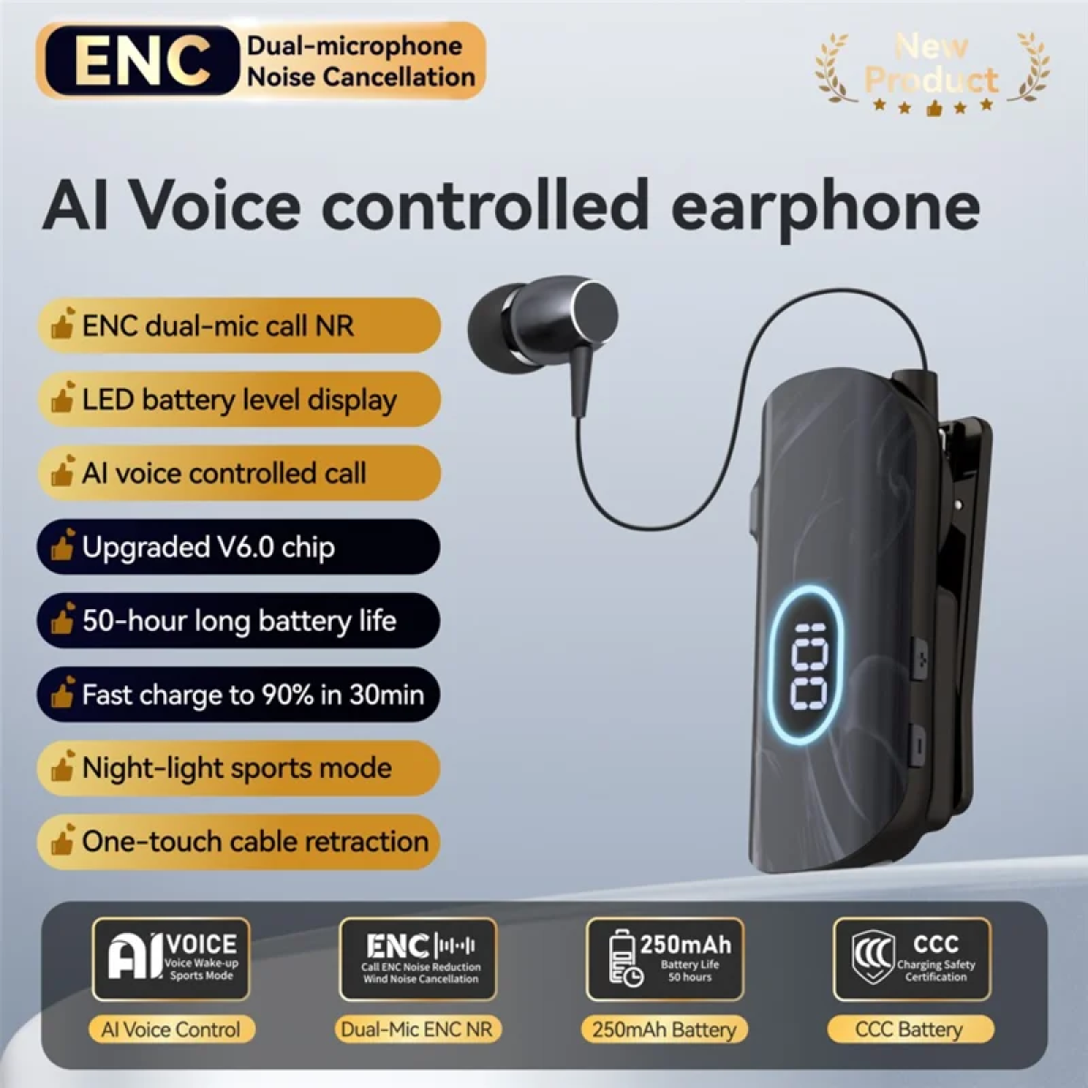 Ασύρματο Ακουστικό Bluetooth με Κλιπ, AI Voice Control, Οθόνη LED και Μείωση Θορύβου ENC - K93 - Image 9