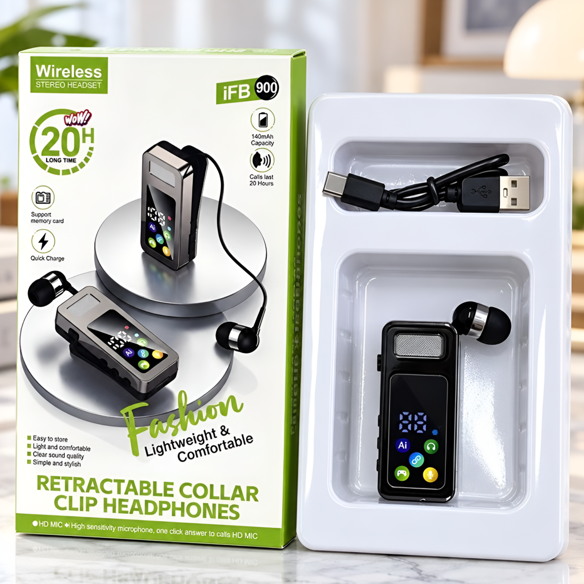 Ασύρματο Ακουστικό Bluetooth με Κλιπ και Αναδιπλούμενο Καλώδιο Μαύρο iFB900