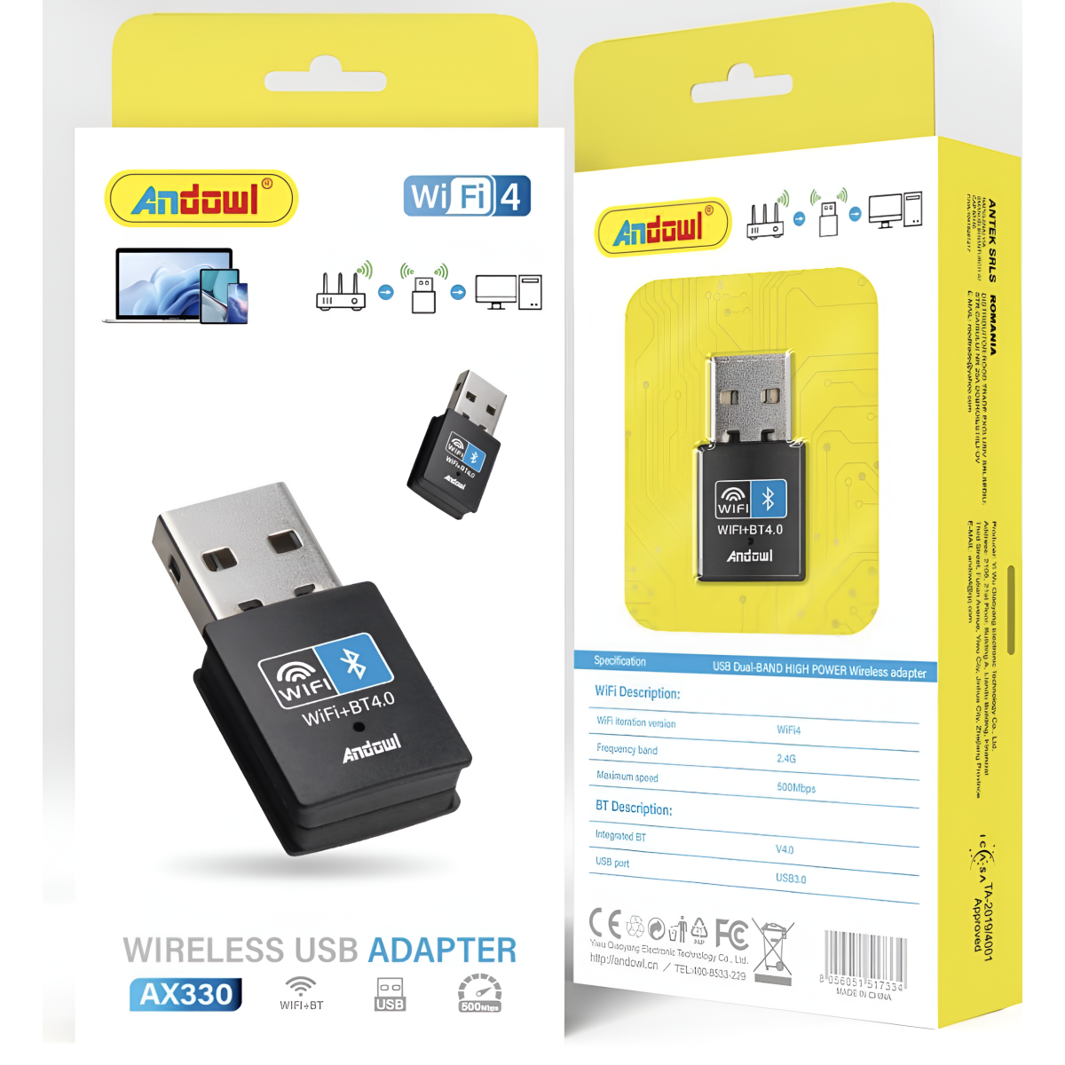Ασύρματος Προσαρμογέας USB WiFi 4 & Bluetooth 4.0 500Mbps Andowl AX330