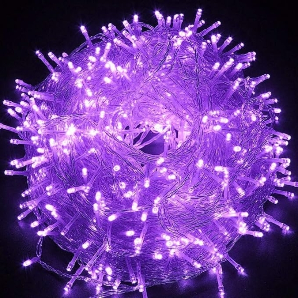Χριστουγεννιάτικα Λαμπάκια 100 LED 10m Σειρά με Διάφανο Καλώδιο & Μωβ Φωτισμό