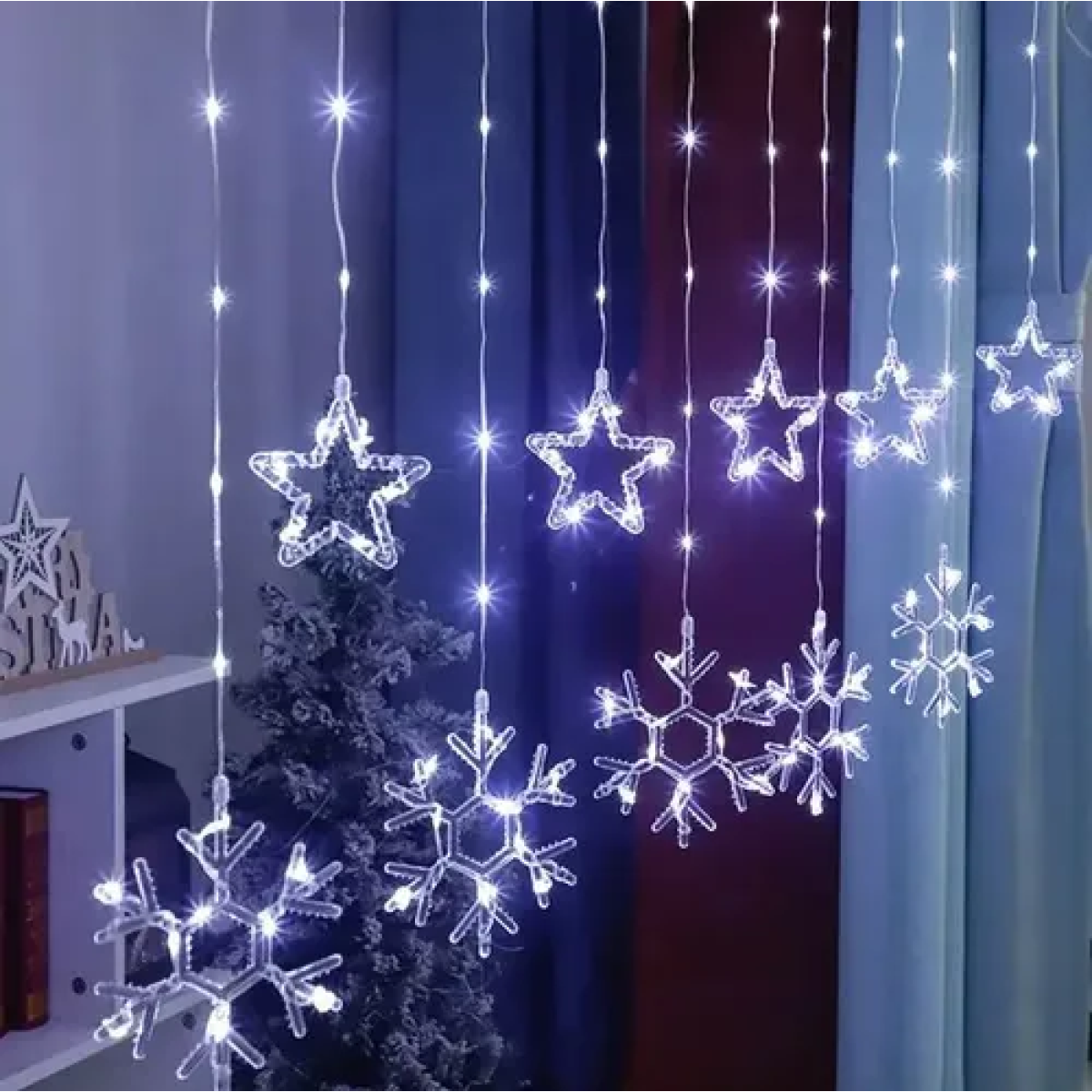 Χριστουγεννιάτικη Κουρτίνα LED με 5 Χιονονιφάδες και 5 Αστέρια 3m Πολύχρωμο RGB 8 Προγραμμάτων IP44 - Image 3