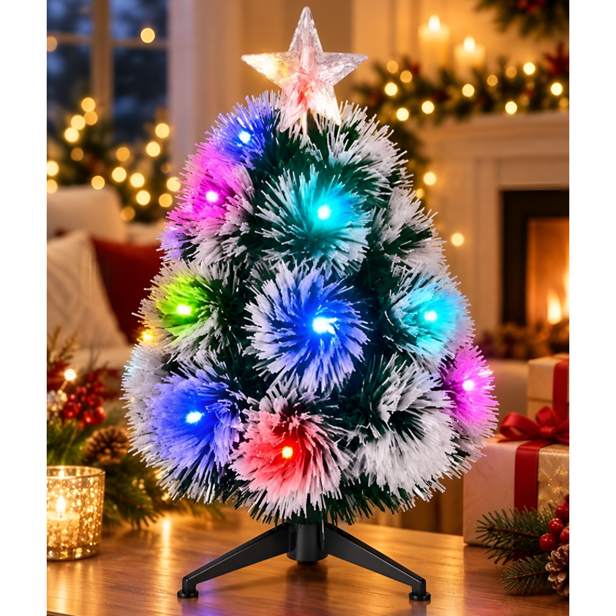Χριστουγεννιάτικο Δέντρο 35cm με 26 LED Πολύχρωμου Φωτισμού και Χιονισμένο Eφέ - FD4227