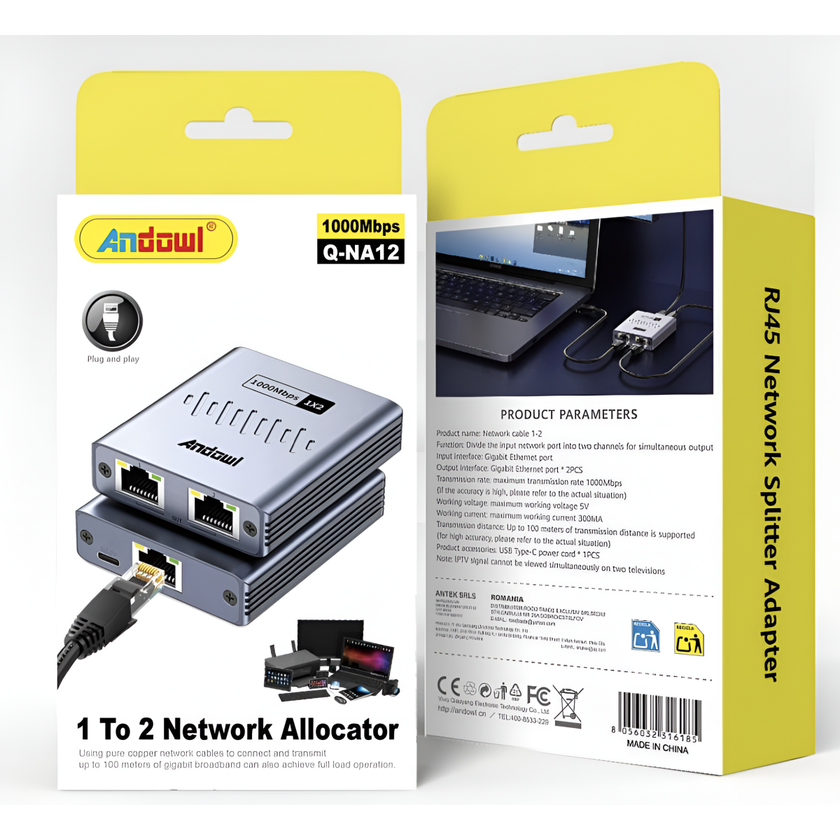 Διακλαδωτής Δικτύου RJ45 1 σε 2 Gigabit 1000Mbps Andowl Q-NA12