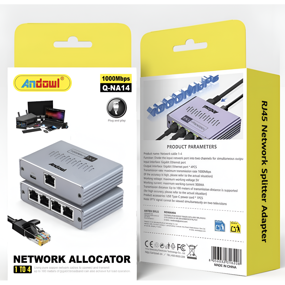 Διακλαδωτής Δικτύου RJ45 1 σε 3 Gigabit 1000Mbps Andowl Q-NA13