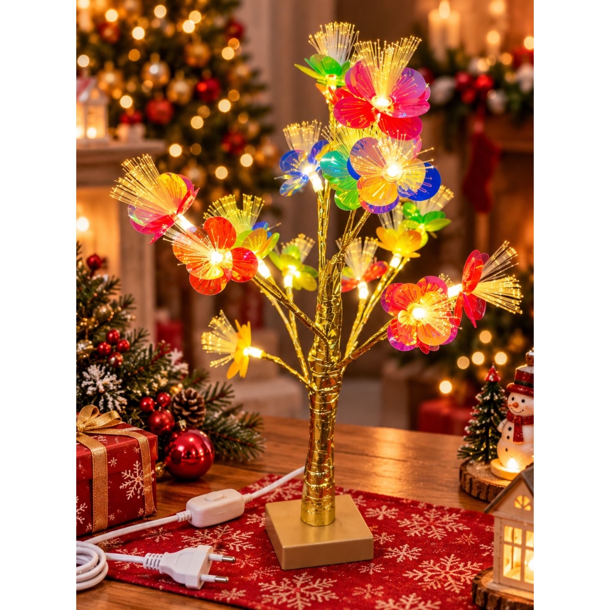 Διακοσμητικό Δεντράκι 60cm με 18 Φωτάκια LED Oπτικών Ινών Λουλούδια FD3348