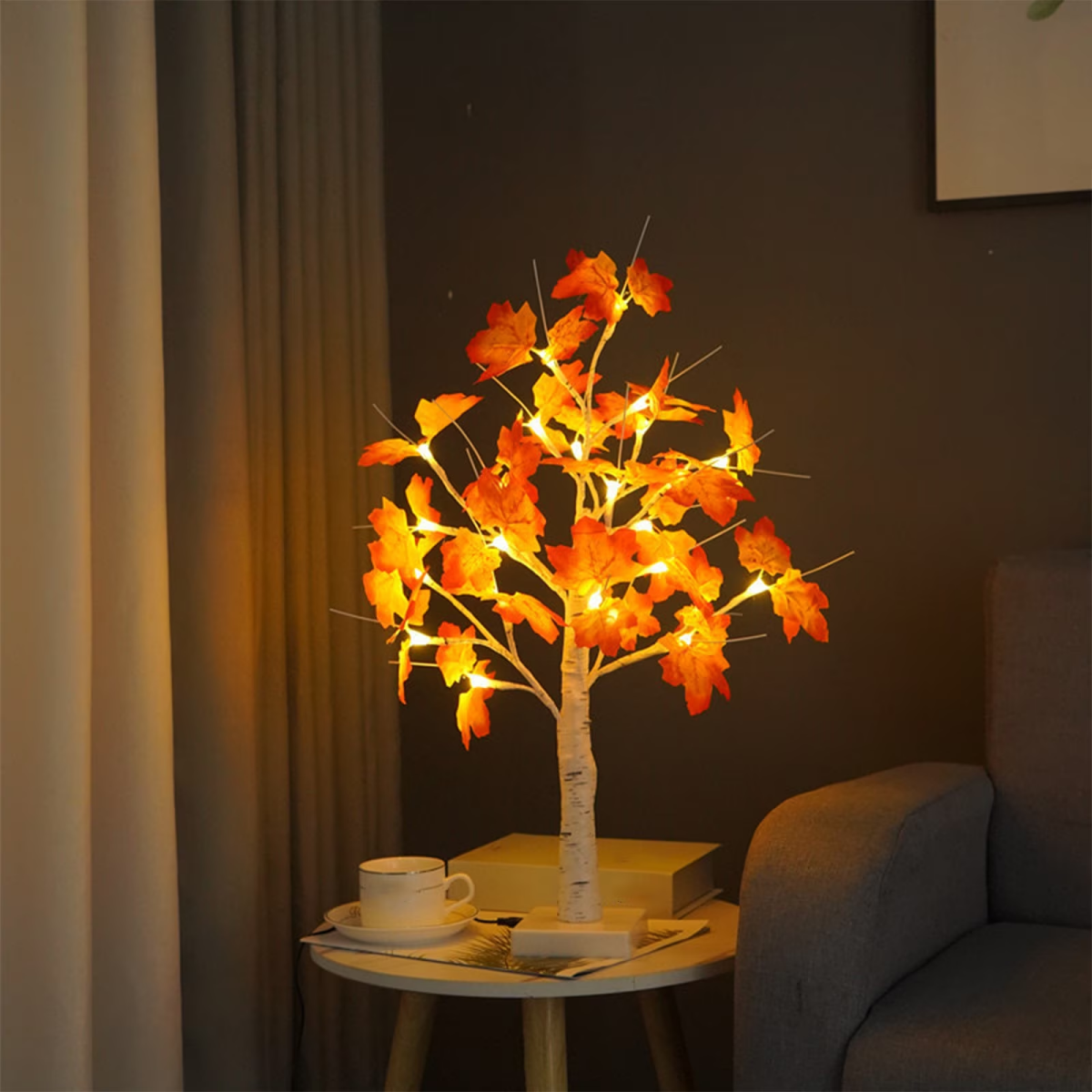 Διακοσμητικό Δεντράκι 60cm με 24 LED Πορτοκαλί Φύλλα και Θερμό Λευκό Φωτισμό - Image 3