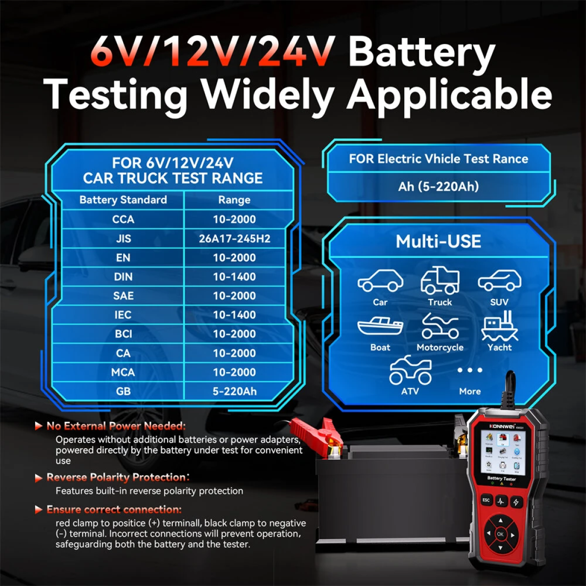 Δοκιμαστής Μπαταρίας Αυτοκινήτου 6V/12V/24V με Έγχρωμη Οθόνη 2.8” KONNWEI KW331 - Image 5