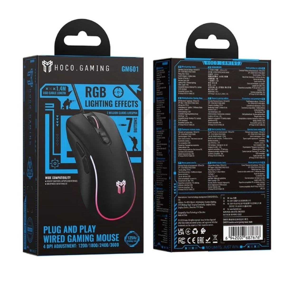 Ενσύρματο ποντίκι gaming HOCO GM601 USB με RGB φωτισμό και 7 πλήκτρα