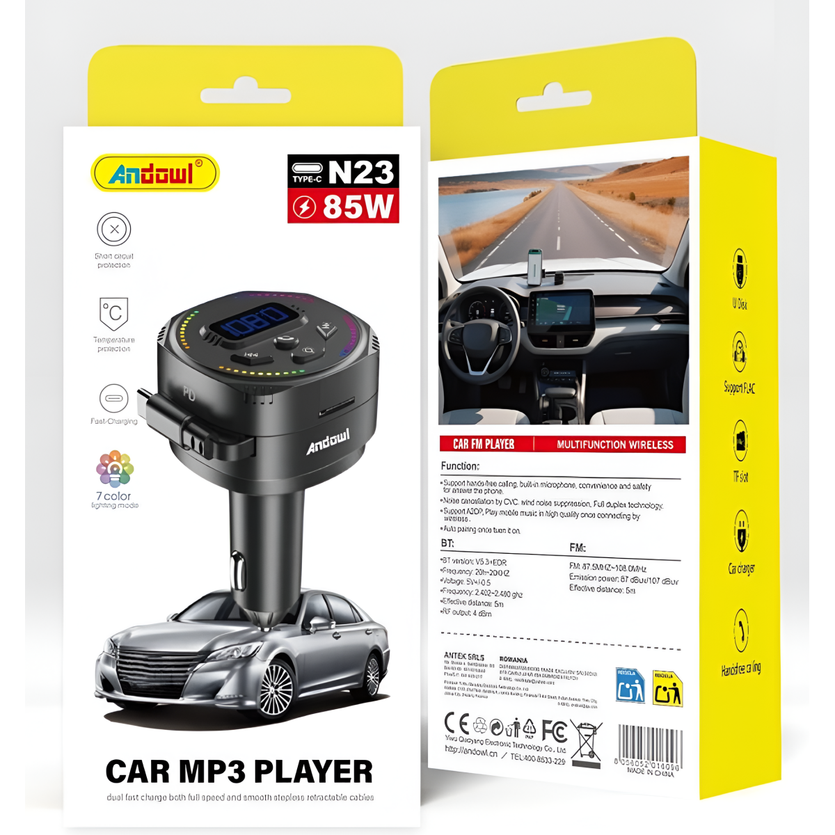 FM Transmitter Αυτοκινήτου Bluetooth με Φορτιστή USB-C 85W και RGB Φωτισμό Andowl N23