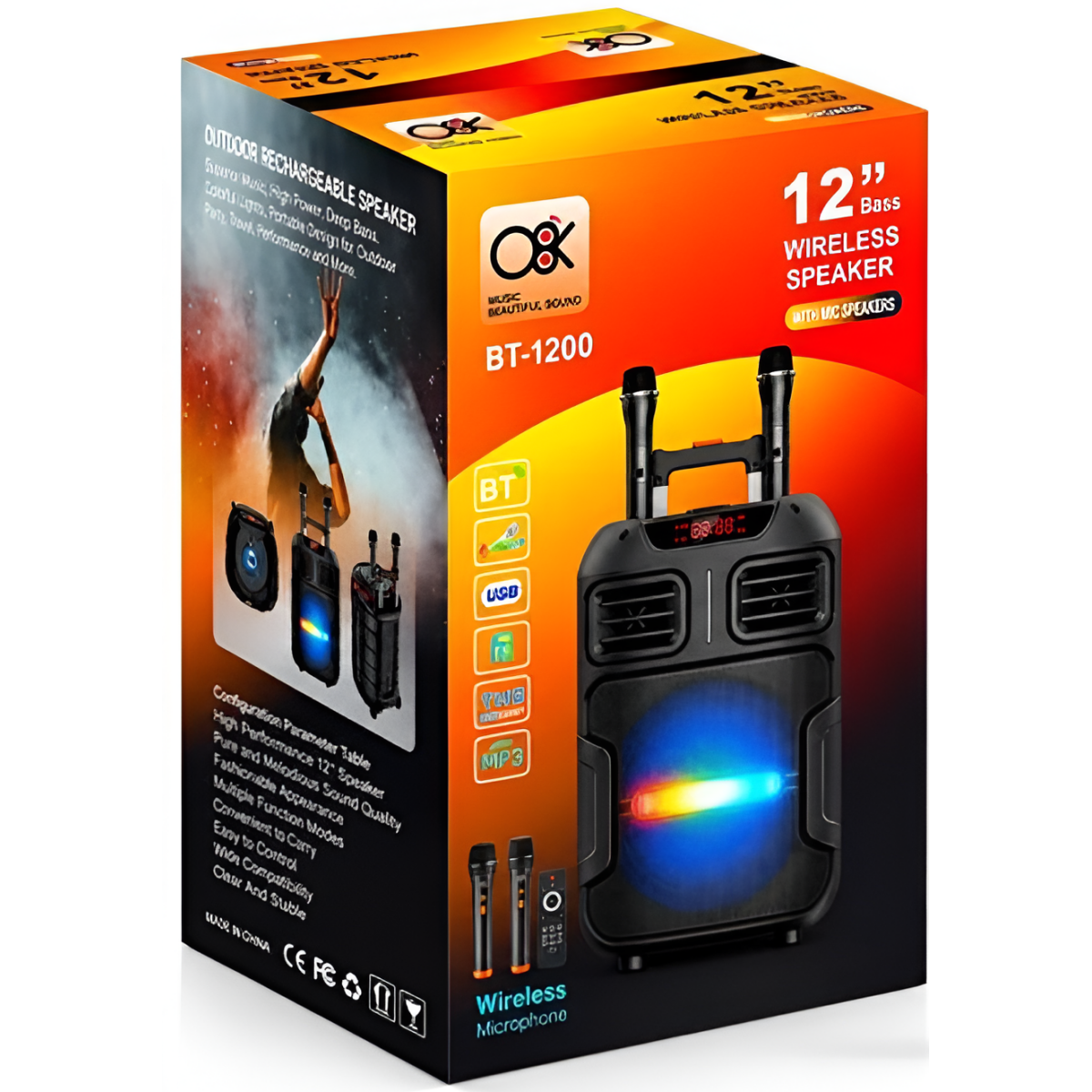 Φορητό Ηχείο Bluetooth Karaoke 12" 45W με RGB LED & 2 Ασύρματα Μικρόφωνα BT-1200
