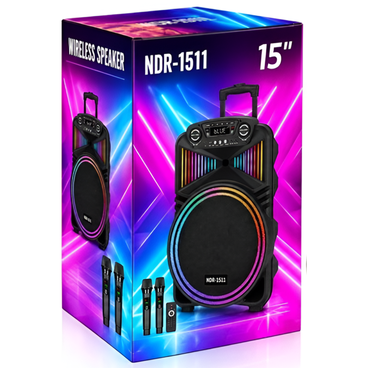 Φορητό Ηχείο Bluetooth Karaoke 15" 40W με RGB LED & 2 Ασύρματα Μικρόφωνα NDR-1511