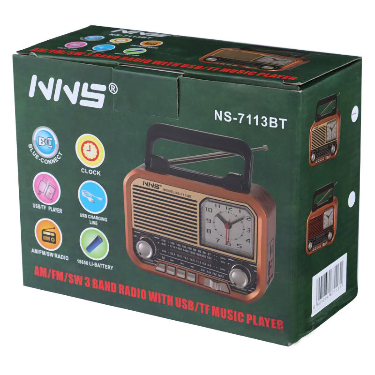 Φορητό Ραδιόφωνο Bluetooth TWS με FM/AM/SW, USB, MicroSD & Ρολόι NS-7113BT - Image 3