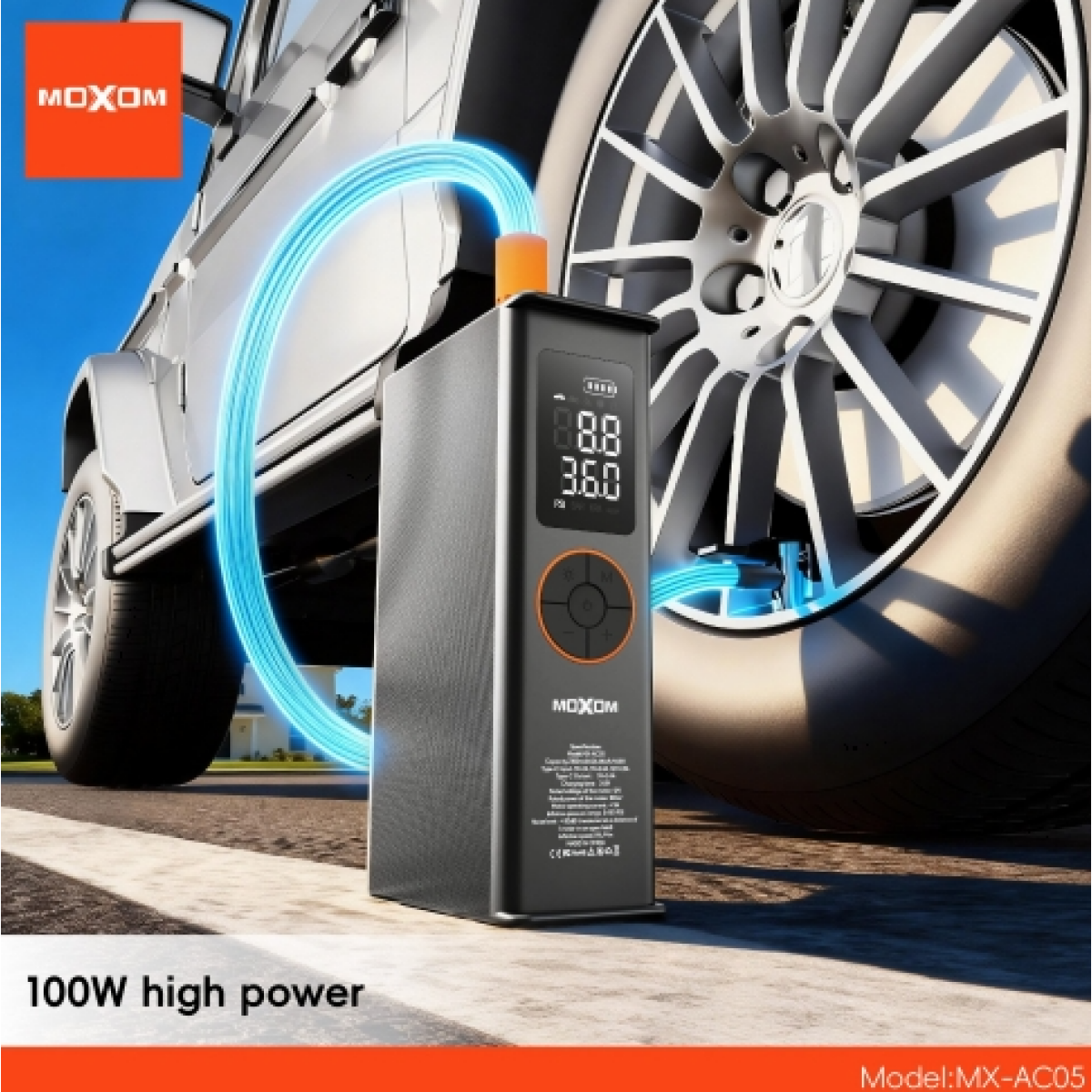 Φορητός Αεροσυμπιεστής Αυτοκινήτου 2 σε 1 7200mAh 100W με Ψηφιακή Οθόνη και Φακό LED Moxom MX-AC05 - Image 5